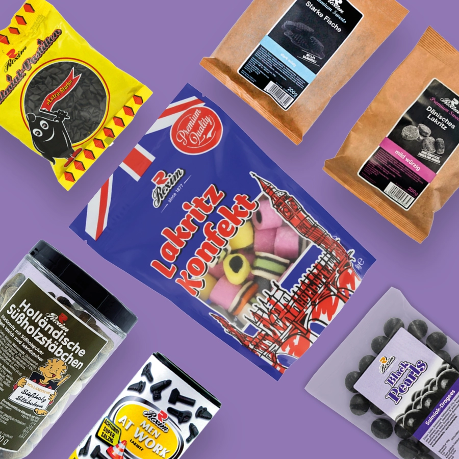 Collage mit verschiedenen Lakritzkonfektsüßigkeiten