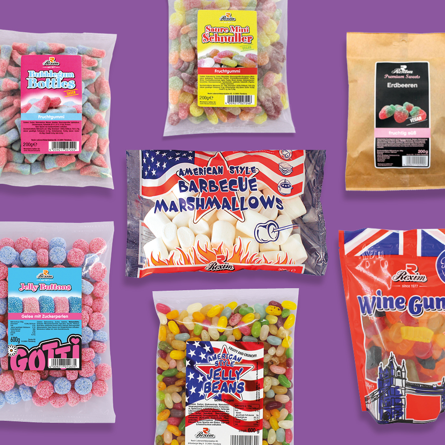 Collage mit verschiedenen Weingummi- und Marshmallowsüßigkeiten