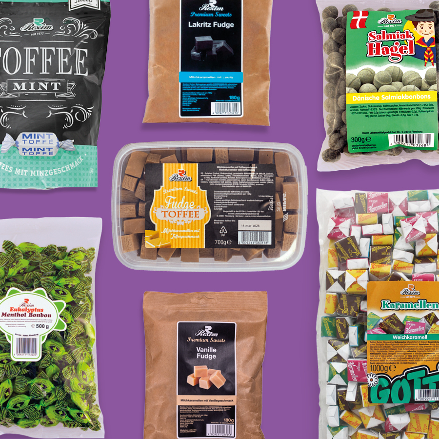 Collage mit verschiedenen Toffee- und Karamellsüßigkeiten