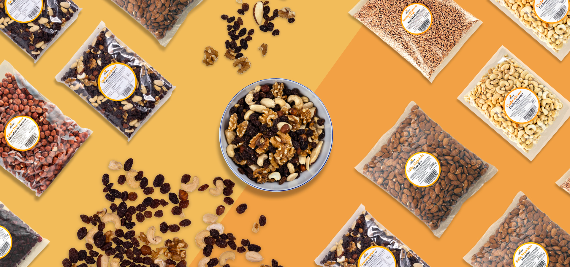 Collage verschiedener Nüsse und Weintrauben