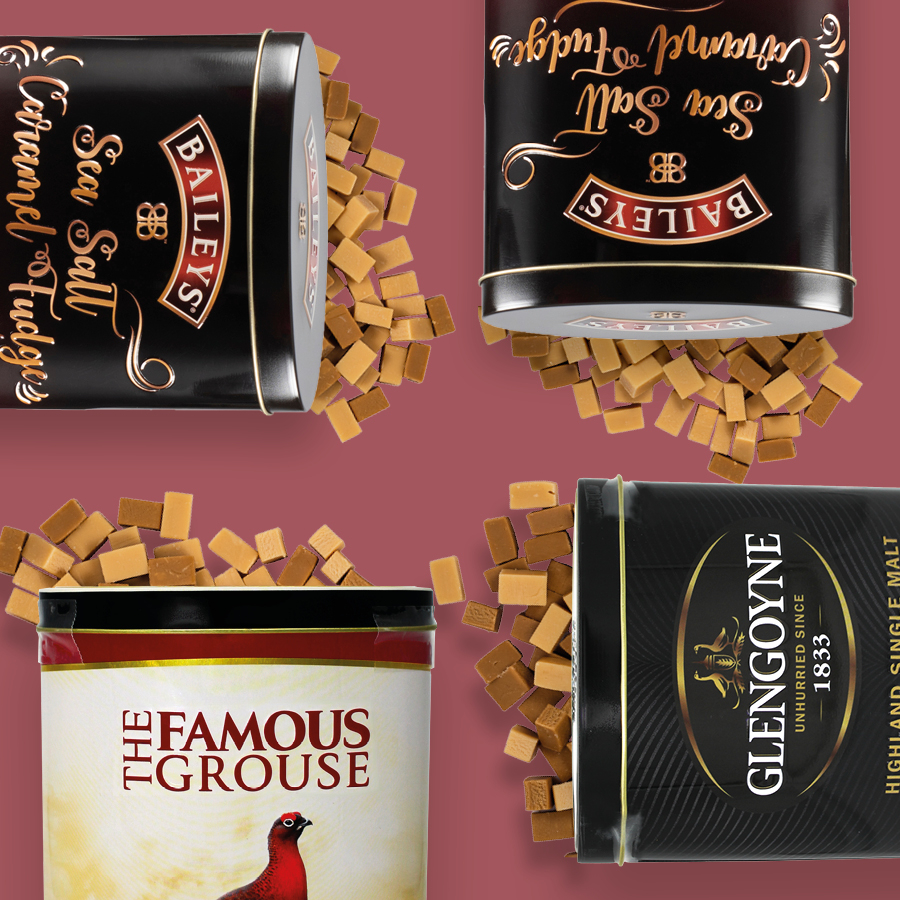 Verschiedene Toffeepackungen der Marken Baileys und The Famous Grouse