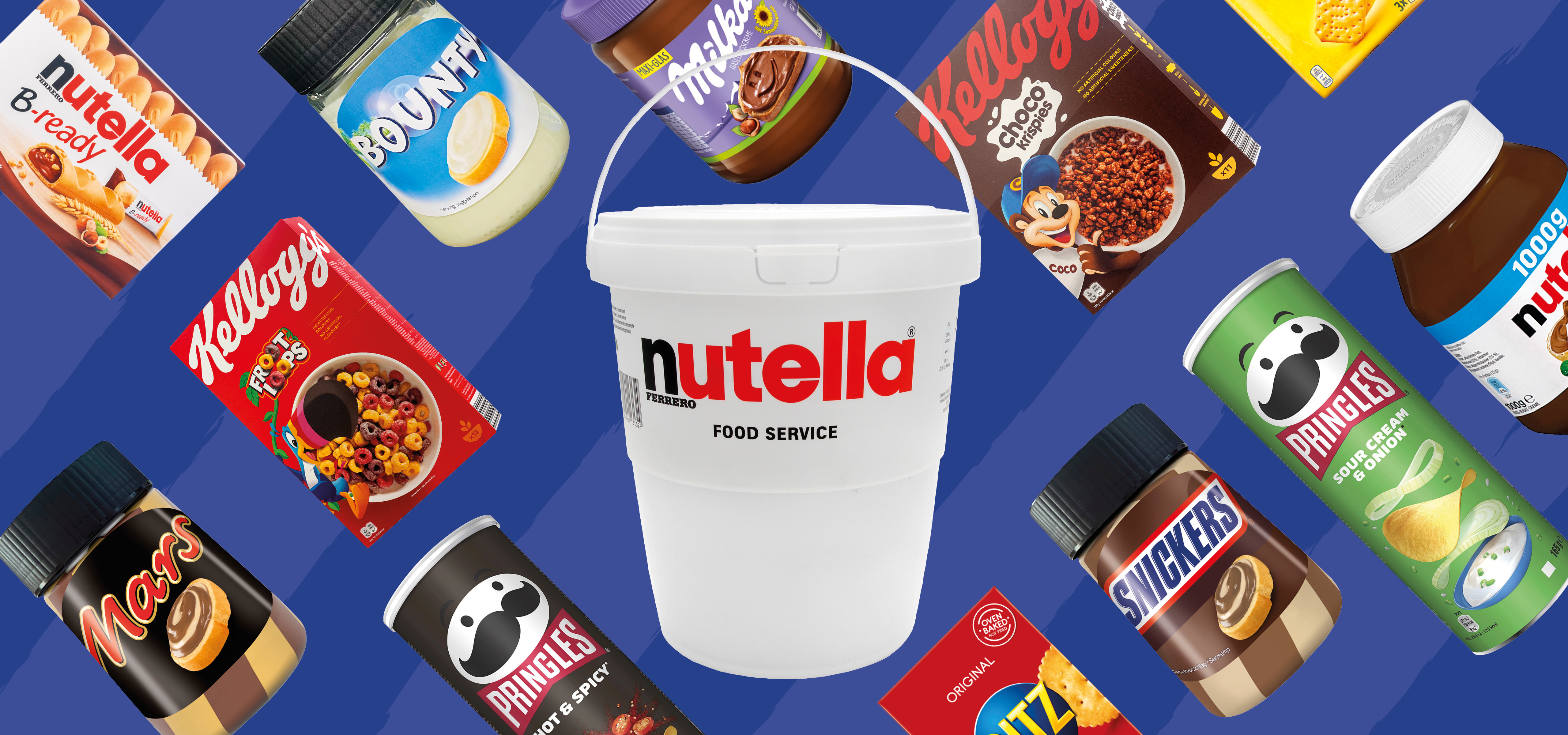 Collage aus verschiedenen Süßigkeiten und Chips